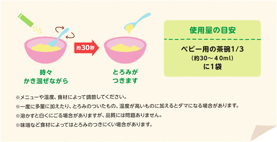 使用(yòng)量の目安　ベビー用(yòng)の茶碗1/3（約30~40ml）に1袋